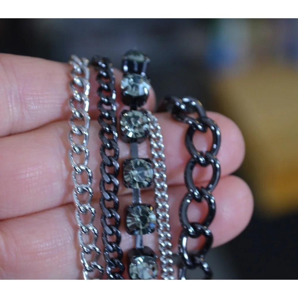 Dark Silver Tone Multi Strand Layer Necklace w/ Clear‎ Rhinestone Accent 35.5